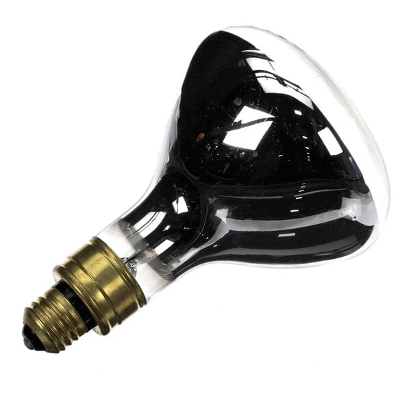 A large, clear and black infrared heat lamp bulb with a brass screw base.