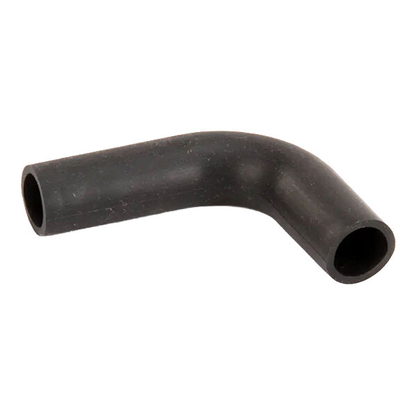 A black, L-shaped rubber drain hose.