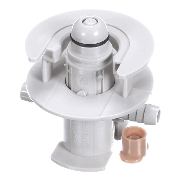 A plastic bib connector component with a circular base and additional small attachment piece.