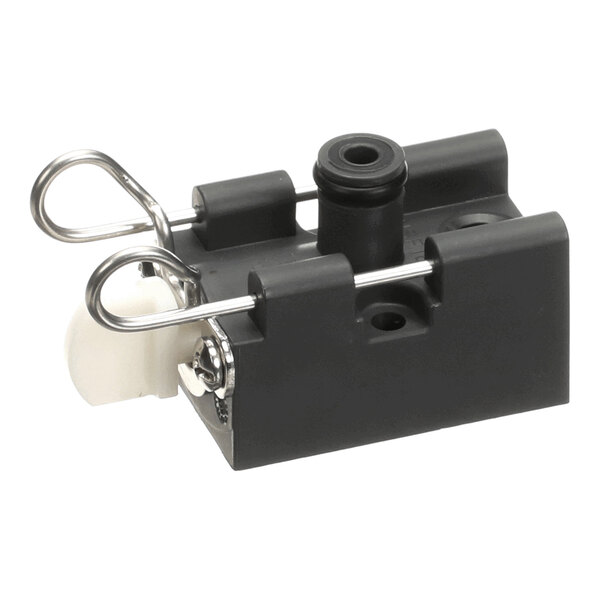 A black plastic mounting block assembly with metal clips and a central connector, used for single mounting applications.