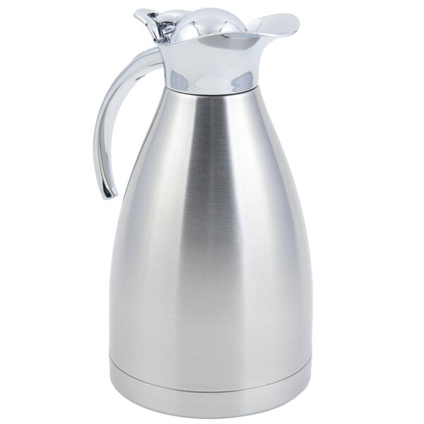 A Bon Chef stainless steel coffee server with a lid and handle.