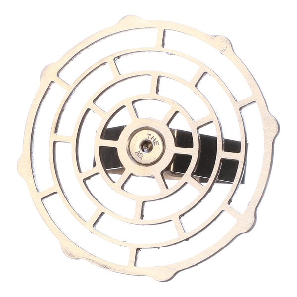 A circular metal drain screen with a grid pattern and a central locking mechanism.