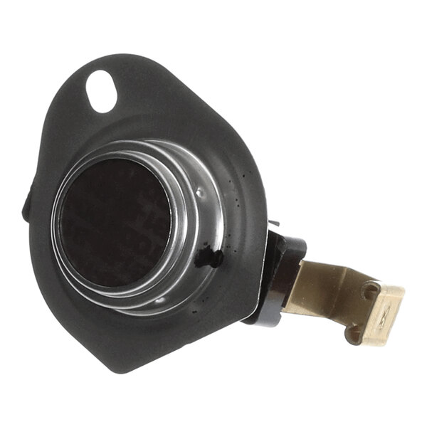 A metal limit switch with a mounting flange and electrical terminal, used in HVAC systems.
