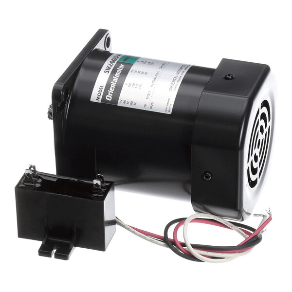 A 115V gear motor with attached wiring and a separate black electrical component.