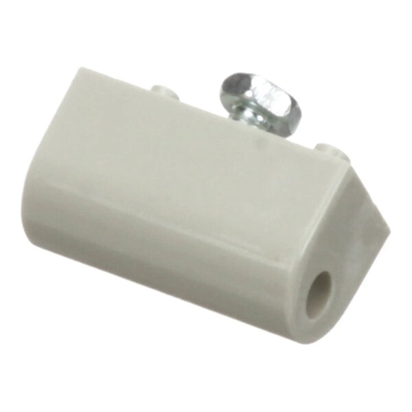 A gray plastic trip arm support with a metal screw on top.