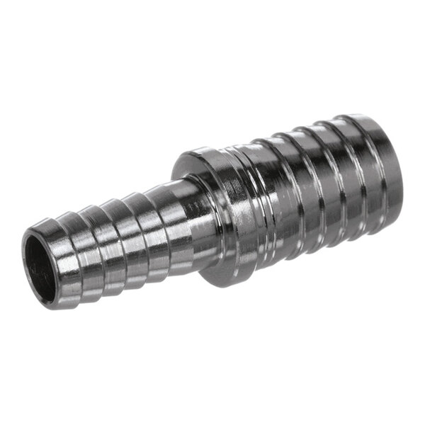 A stainless steel splicer with a 3/8 inch barb on one end and a 1/2 inch barb on the other end.