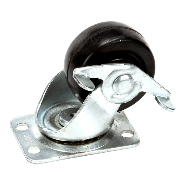 A metal swivel caster with a black 2-inch wheel, mounting plate, and brake.
