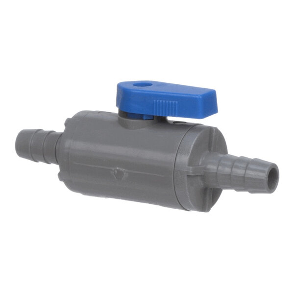 A gray plastic in-line shutoff valve with a blue handle and 3/8 inch barbed ends.