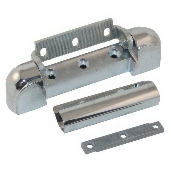 A chrome metal Kason edge mount door hinge with holes.