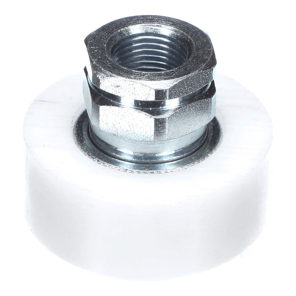 A 3/8 inch plain coupler with a metal threaded insert and a white cylindrical body.