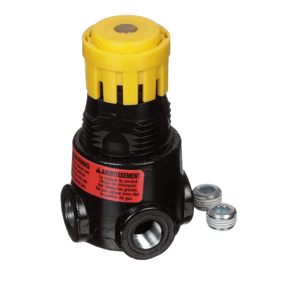 A brass non-relieving pressure regulator with a yellow adjustment knob and threaded ports, accompanied by two small metal fittings.