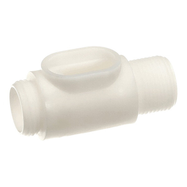 A white plastic faucet body with threaded ends and an oval opening on top.