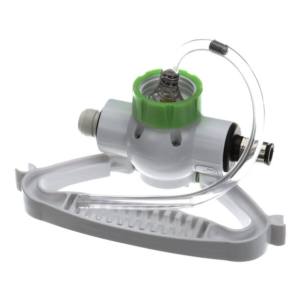 A portable wandstation metering assembly with a green and white body and attached tubing.