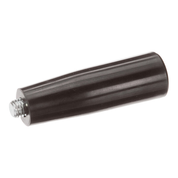 A black cylindrical meat press handle with a threaded metal end.