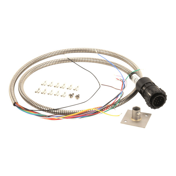 A wiring harness kit with a metal connector, multiple colored wires, a flexible protective conduit, and mounting hardware.