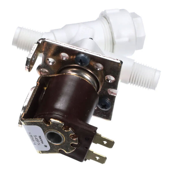 A solenoid water valve assembly with metal and plastic components.