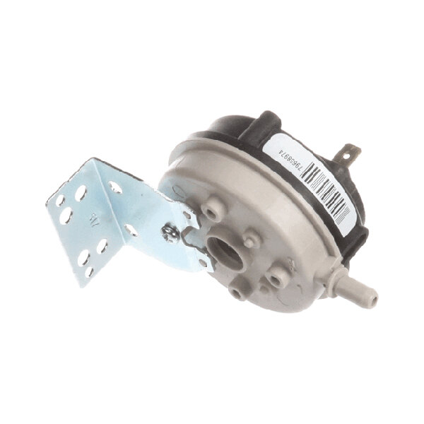 A round vent pressure switch with a metal mounting bracket and a plastic housing, used in HVAC systems.