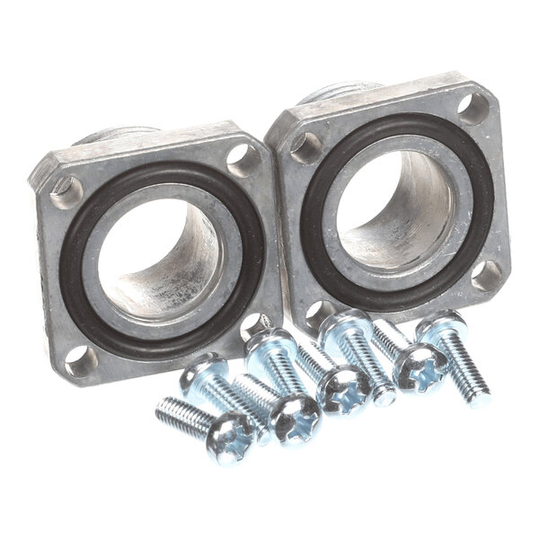 A set of two square metal valve fittings with circular openings, accompanied by eight screws, used for gas assembly in Giorik Evo Sb equipment.
