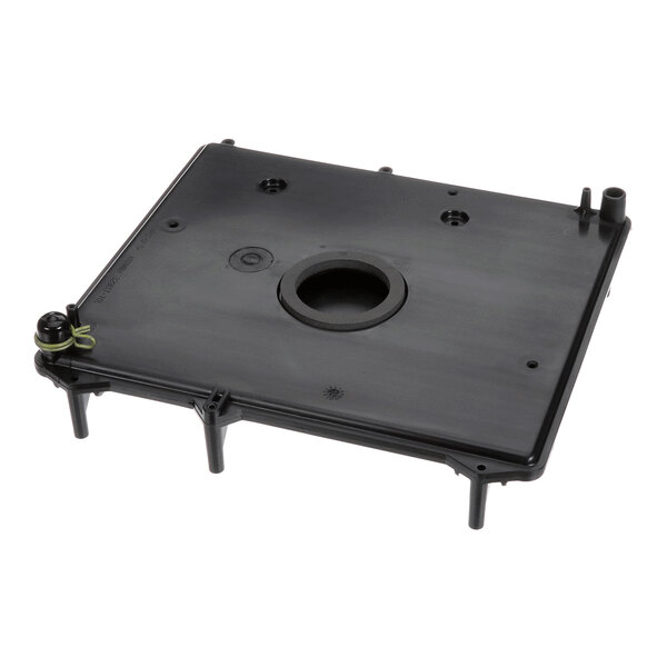 A black rectangular plastic transition assembly part with a central circular opening and four supporting legs, designed for HVAC systems.