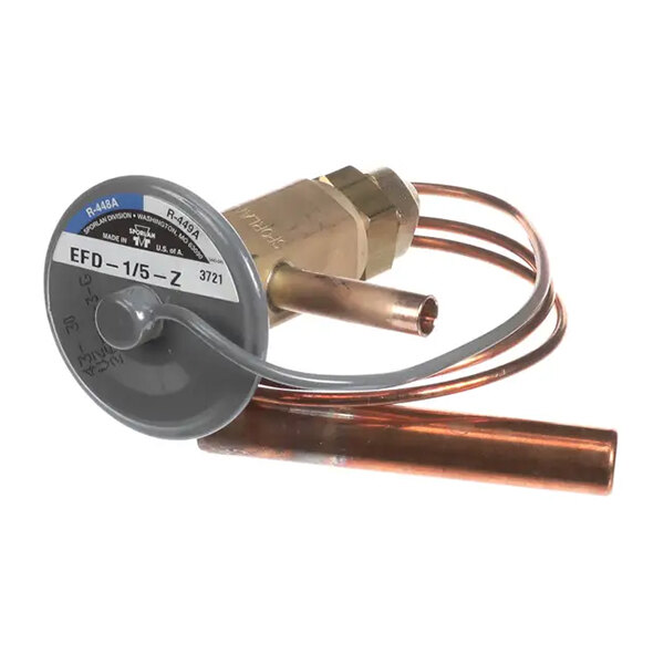 A Duke 526316 thermostatic expansion valve (TXV) with copper tubing and brass fittings.