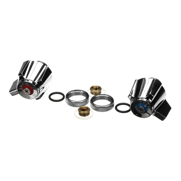 A set of replacement faucet handles and associated hardware for Eagle Group faucets, including hot and cold indicators.