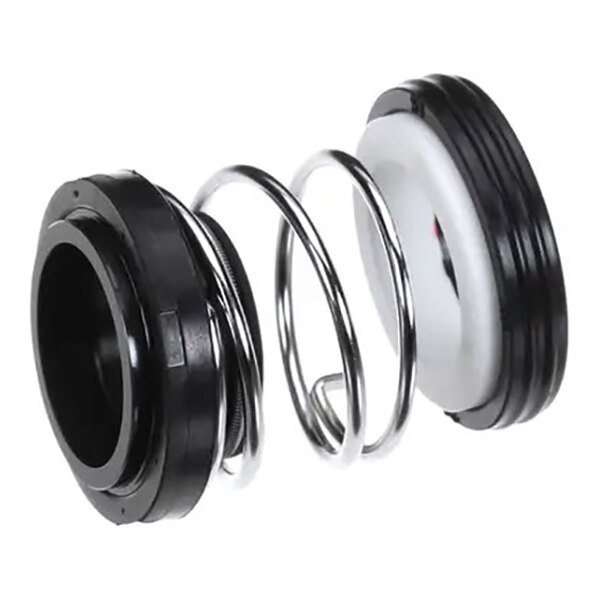 A mechanical seal assembly with a metal spring and black and white sealing components.