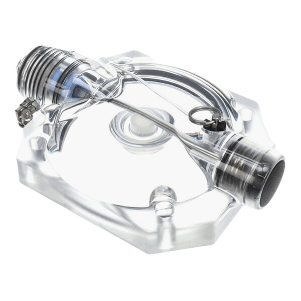 A transparent Pneu-Faceplate component with metal fittings and a hexagonal base.