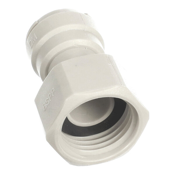 A plastic plumbing fitting with a 1/2 inch female BSP thread on one end and a 3/8 inch push-in connector on the other.