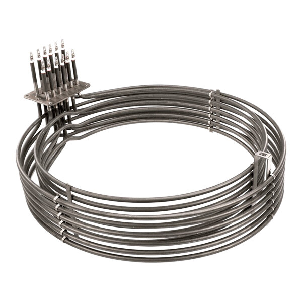 An electric heat element for commercial kitchen equipment, featuring multiple coiled tubes and electrical connectors.