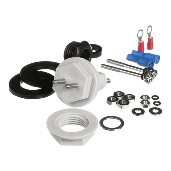 A collection of hardware components including a probe, washers, nuts, bolts, and electrical connectors.