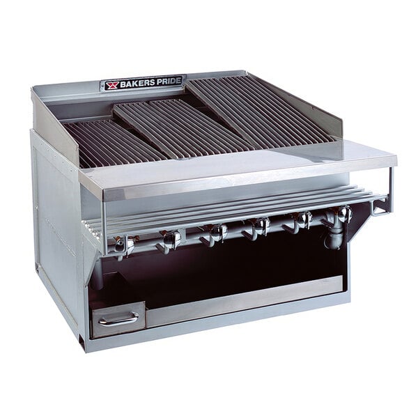 A Bakers Pride stainless steel radiant charbroiler on a counter.