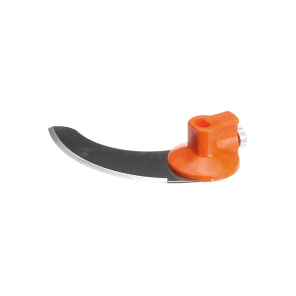 A curved metal cutter blade with an attached orange plastic holder for a Dynamic mixer.