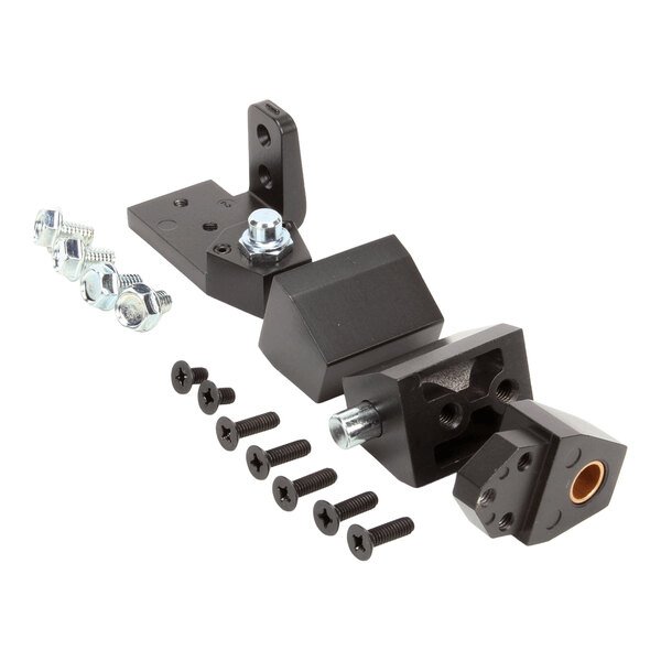 A bronze left-hand pivot assembly with multiple black metal components, screws, and nuts.