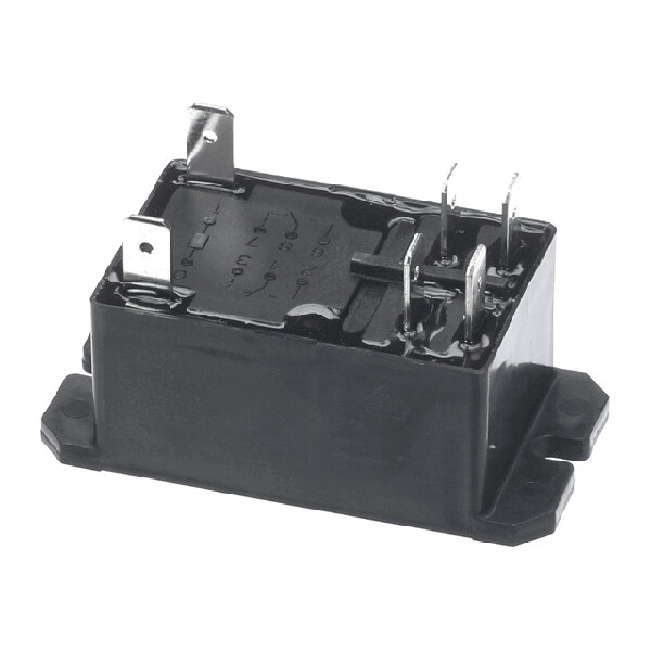 A black rectangular 24V DPST relay with metal terminals and mounting flanges.