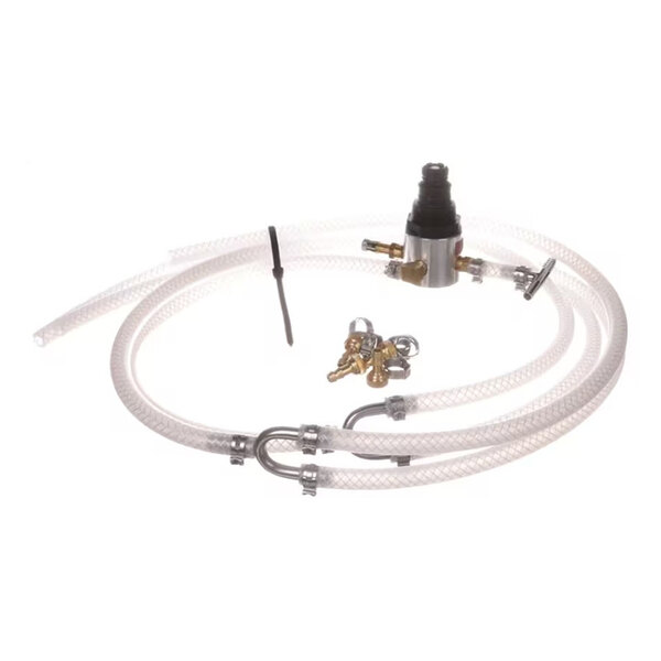 A kit with clear flexible hoses, metal fittings, and connectors for active charge applications.