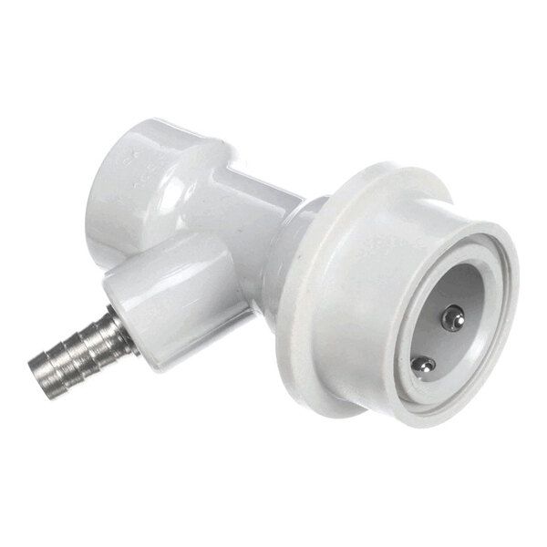 A white ball lock disconnect with a 1/4 inch barb fitting for gas connections.