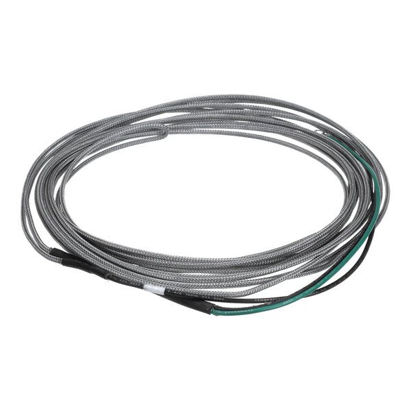A coiled metal-braided door heater wire with exposed ends.