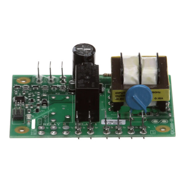 A green electronic circuit board labeled as a level detector controller with various electronic components including a transformer, relay, and capacitor.