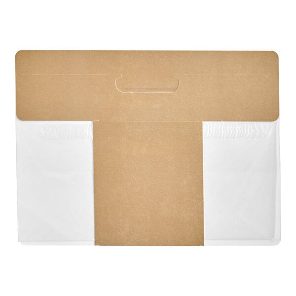 A white kraft long tortilla wrap take-out container with a clear film and a brown paper flap.