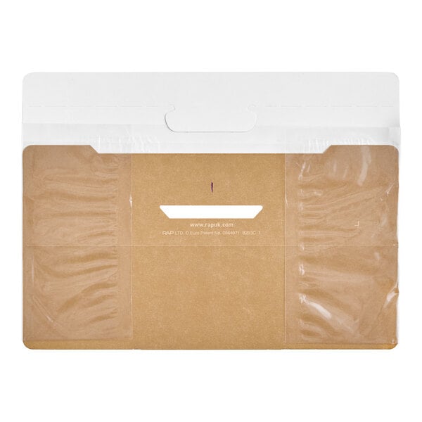 A white kraft long tortilla wrap take-out container with clear film.