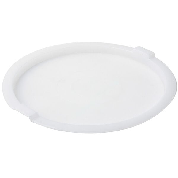 A white plastic lid covering a white round bowl.