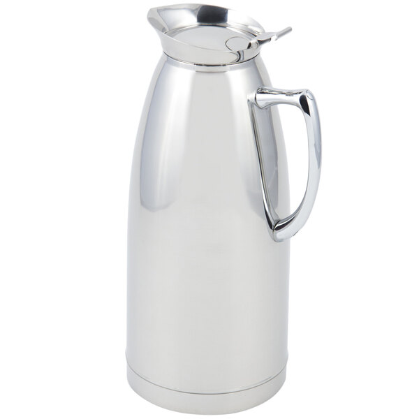 A Bon Chef stainless steel coffee server with a handle.