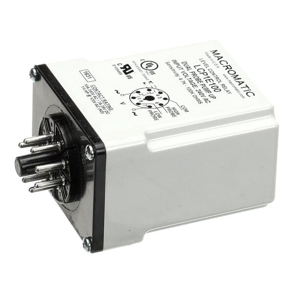 A Macromatic lever controller relay with multiple metal prongs for electrical connections.