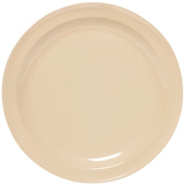 A tan plate with a white rim.