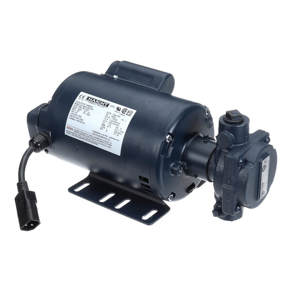 A black electric motor and pump assembly with a mounting bracket and attached power cord.