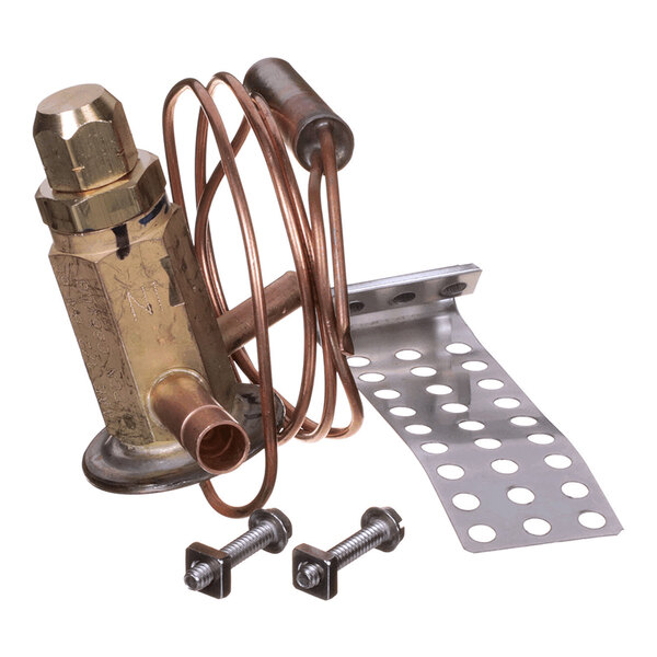 An expansion valve kit with copper tubing, a perforated metal mounting bracket, and two bolts.