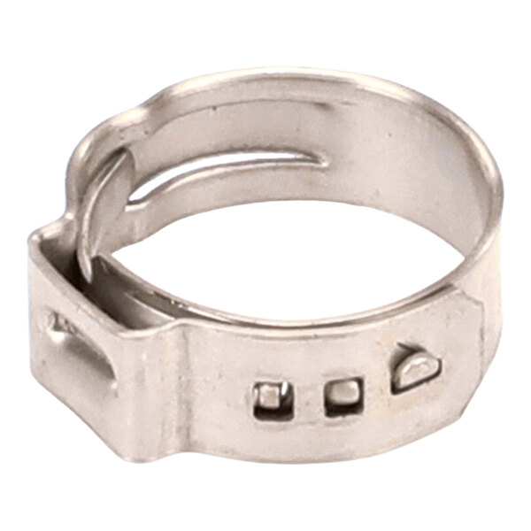 A stainless steel stepless ear clamp used for securing hoses or pipes.