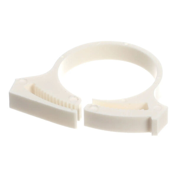A white plastic hose clamp with a snap-lock mechanism, designed for securing hoses.