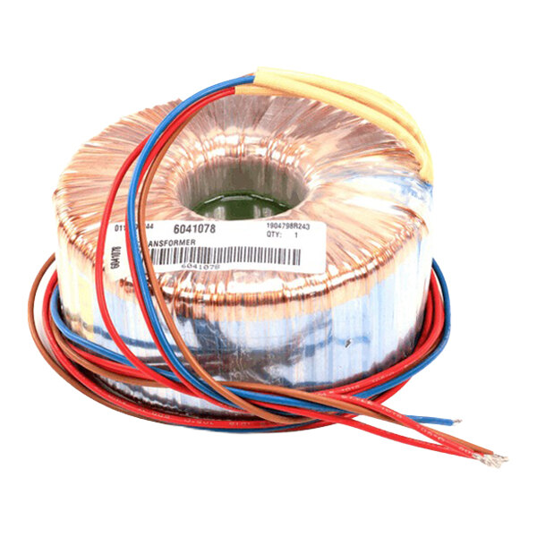 A toroidal transformer with multiple colored wires and a label, used for main power applications in gas equipment.