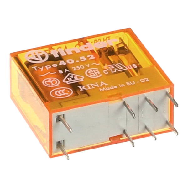 A miniature DPDT relay with a 230V coil and multiple metal pins for electrical connections.